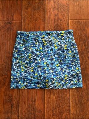 Attyre Blue Abstract Print Mini Skirt with Yellow Accents
